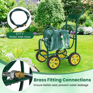 Garden Hose Reel Cart Metal Hose Cart with 4 Wheels and Storage Basket-Green view 9