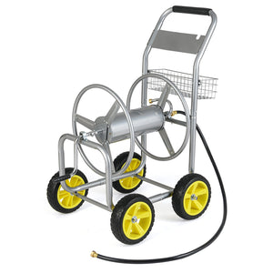 Garden Hose Reel Cart Metal Hose Cart with 4 Wheels and Storage Basket-Silver