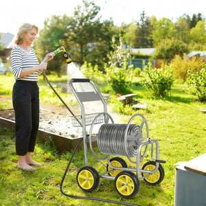 Garden Hose Reel Cart Metal Hose Cart with 4 Wheels and Storage Basket-Silver view 2
