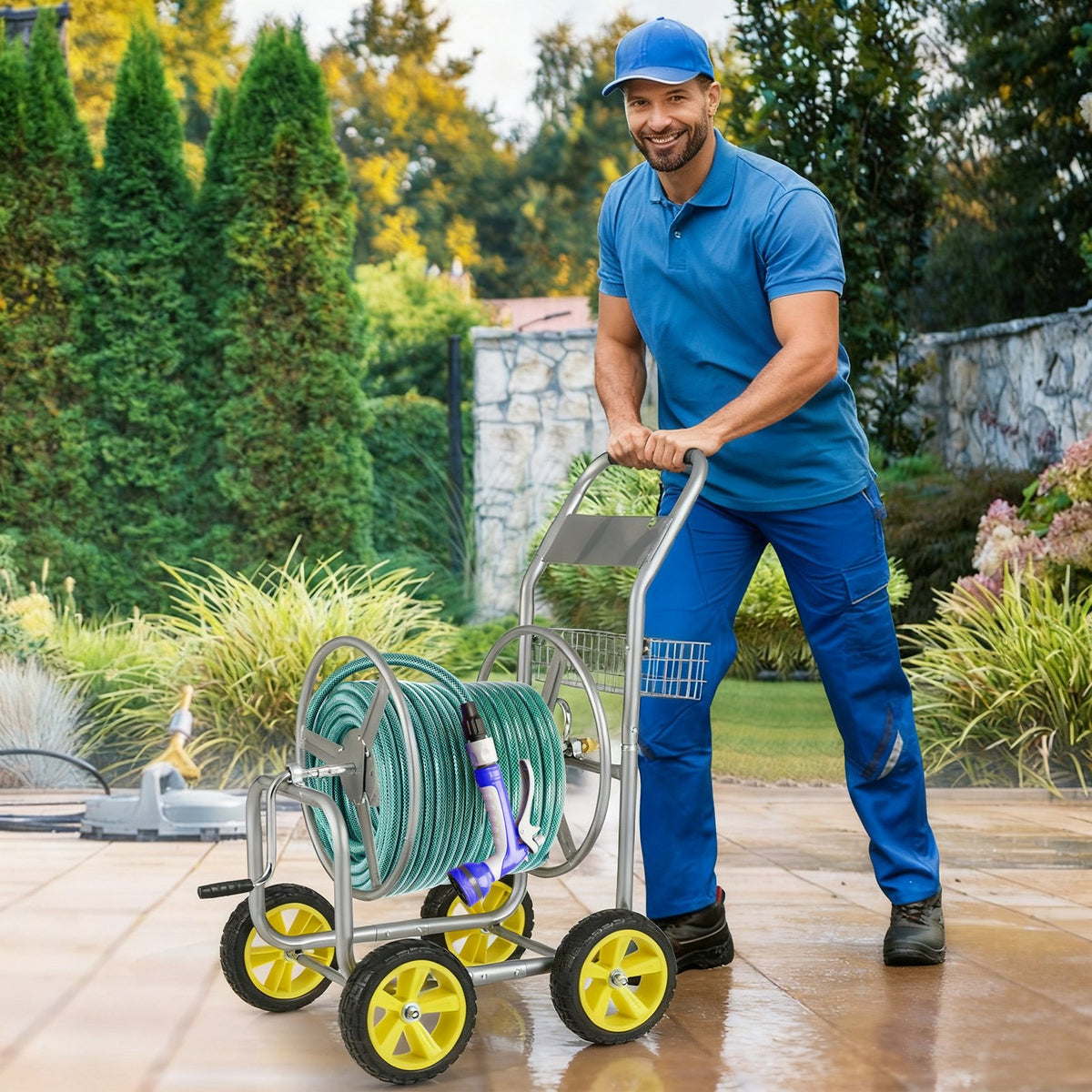 Garden Hose Reel Cart Metal Hose Cart with 4 Wheels and Storage Basket-Silver view 3