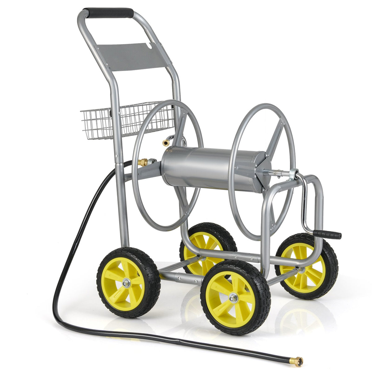 Garden Hose Reel Cart Metal Hose Cart with 4 Wheels and Storage Basket-Silver view 4