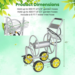 Garden Hose Reel Cart Metal Hose Cart with 4 Wheels and Storage Basket-Silver view 5