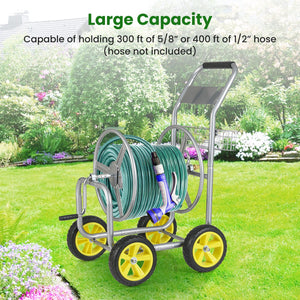 Garden Hose Reel Cart Metal Hose Cart with 4 Wheels and Storage Basket-Silver view 6