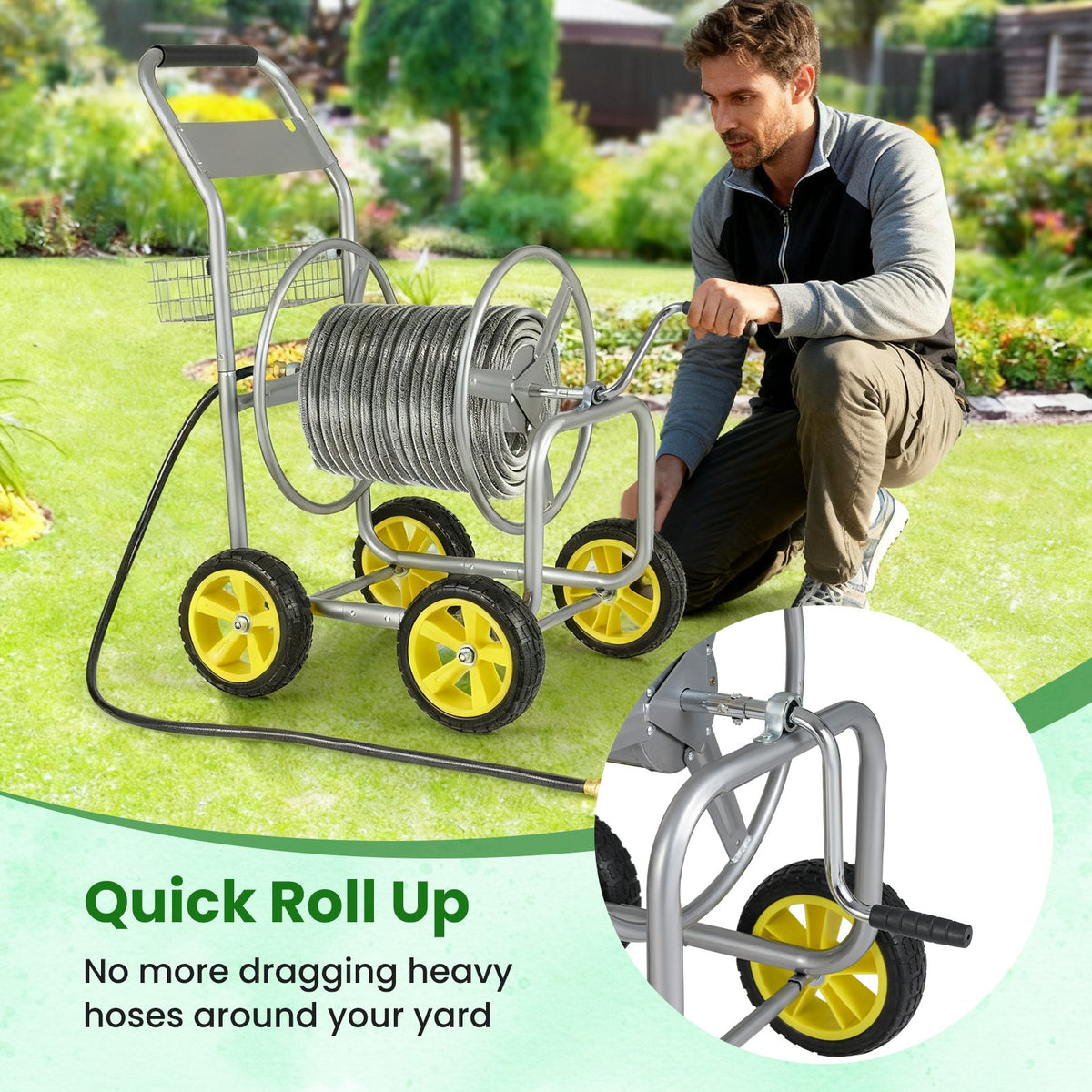 Garden Hose Reel Cart Metal Hose Cart with 4 Wheels and Storage Basket-Silver view 9