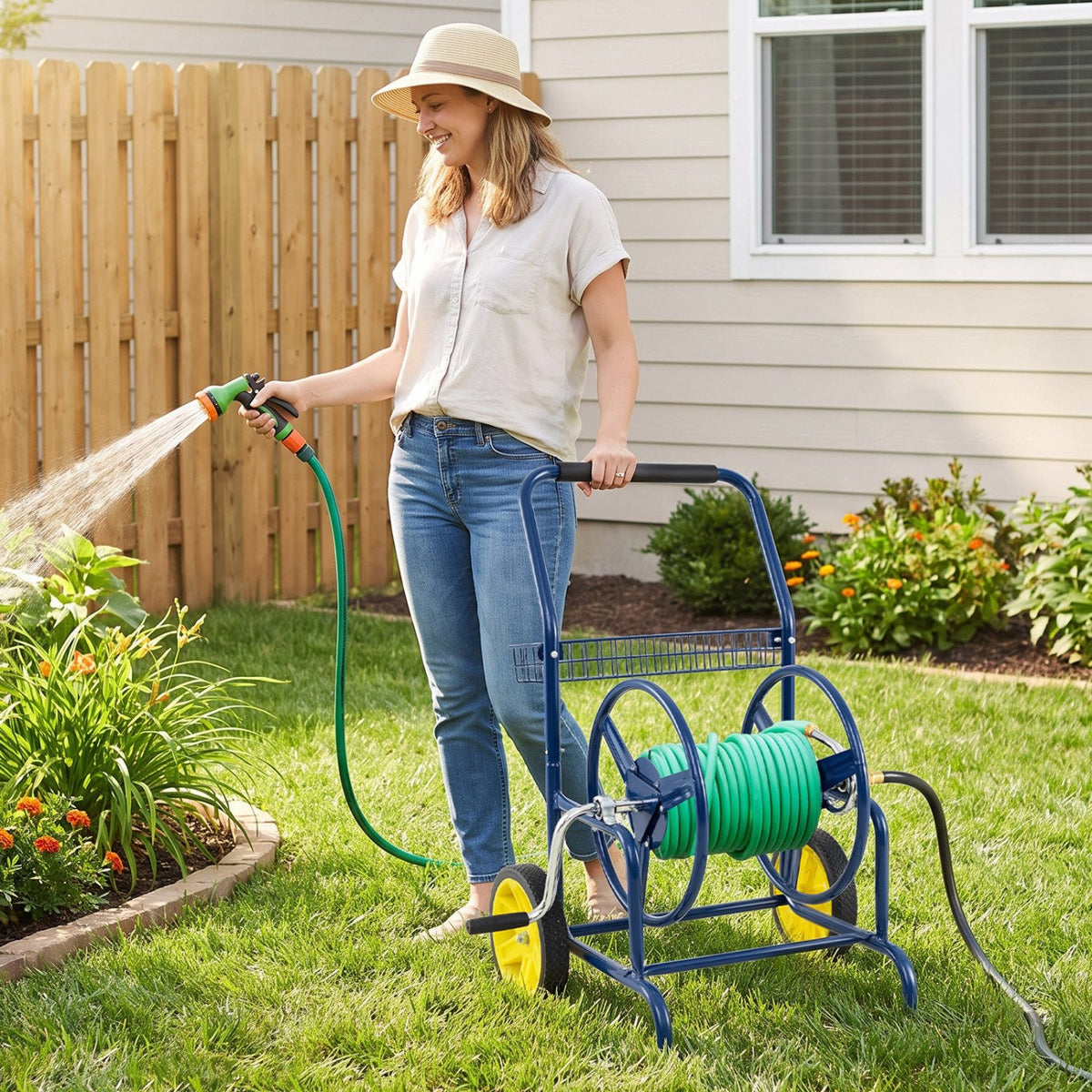 Garden Hose Reel Cart with 2 Wheels and Storage Basket-Blue view 3