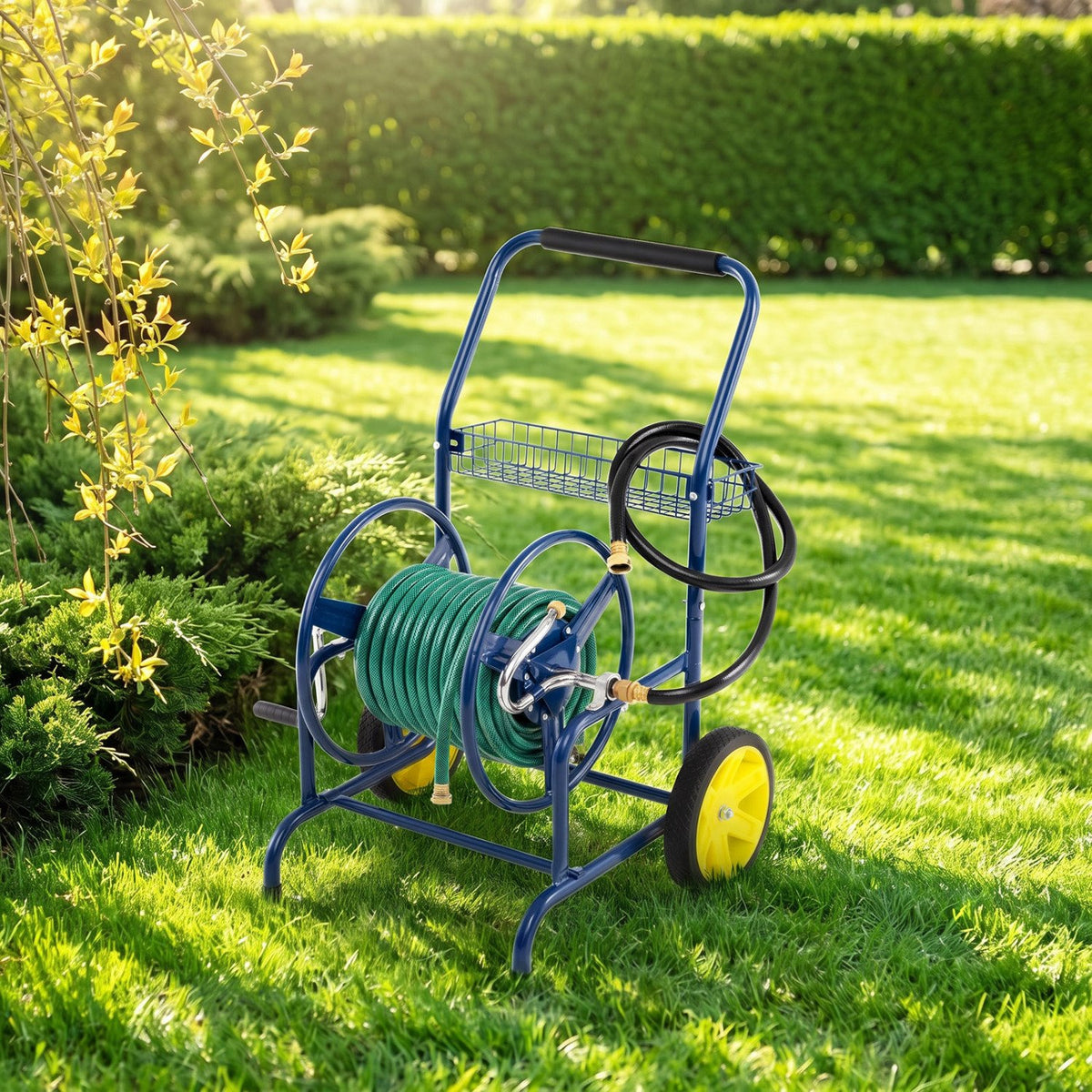 Garden Hose Reel Cart with 2 Wheels and Storage Basket-Blue view 5