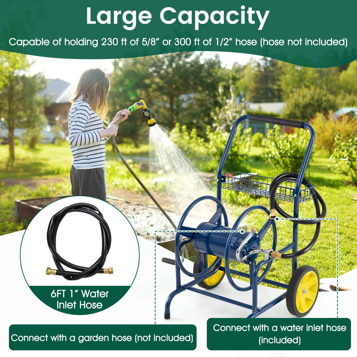 Garden Hose Reel Cart with 2 Wheels and Storage Basket-Blue view 6