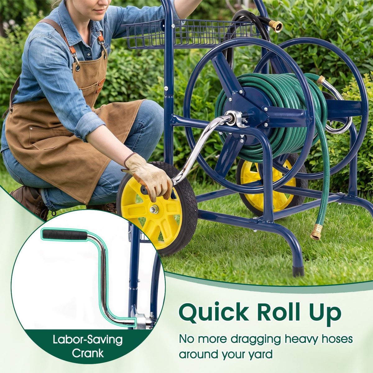 Garden Hose Reel Cart with 2 Wheels and Storage Basket-Blue view 8