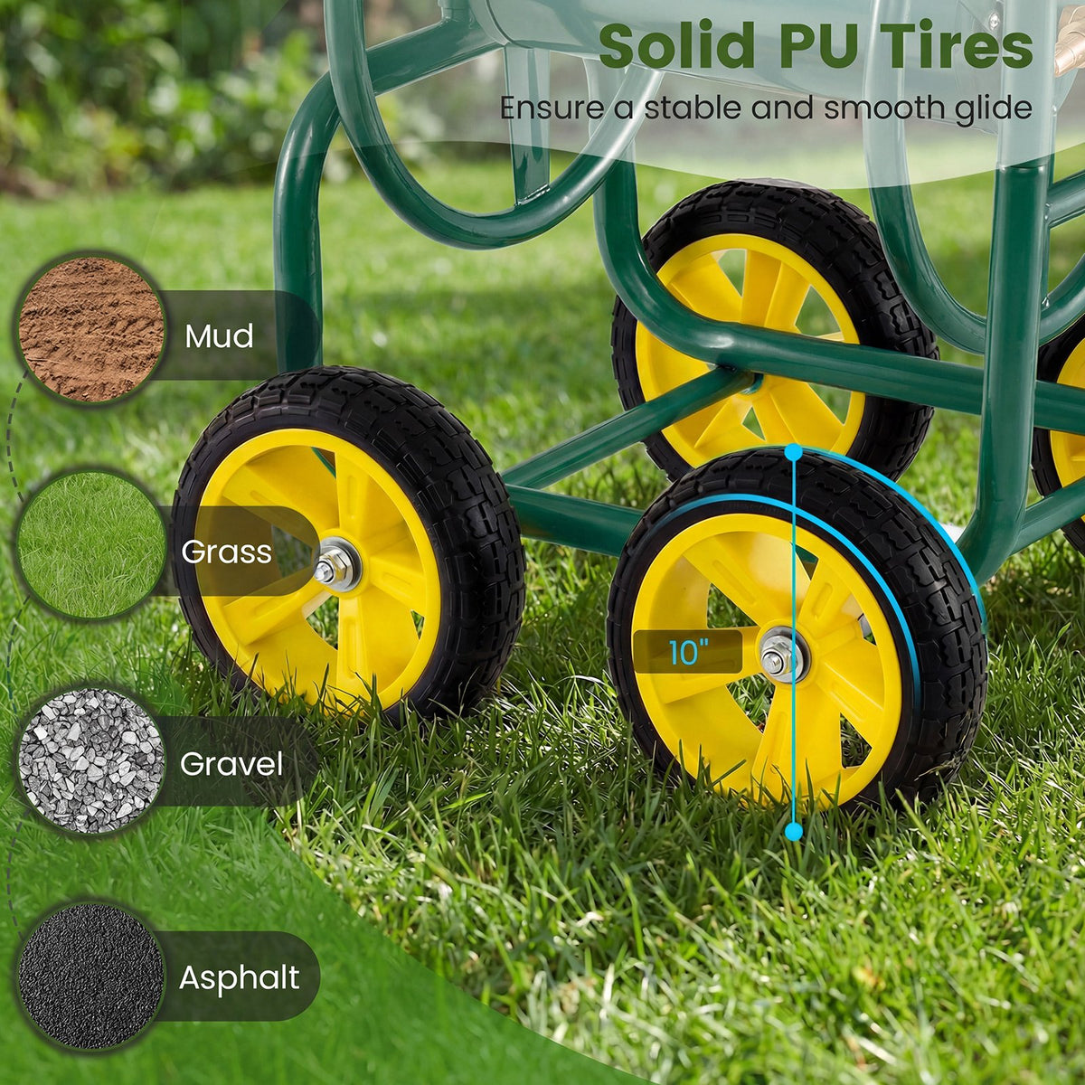 Garden Water Hose Reel Cart with 4 Wheels and Non-slip Grip-Green view 6