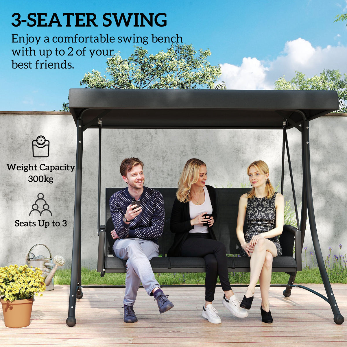 3 Person Porch Swing Outdoor Swing Chair with High Back Design, Side Pouches and Adjustable Canopy, Brown – view 20
