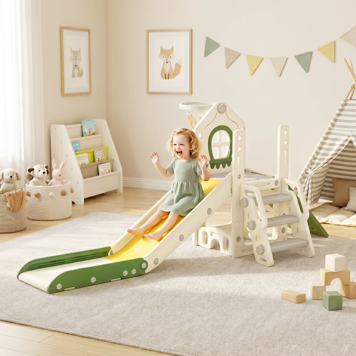 Qaba Foldable 5 in 1 Toddler Slide with Ladder, Climbing Wall, Basketball Hoop, Storage and Basketball for 1-3 Years, Cream