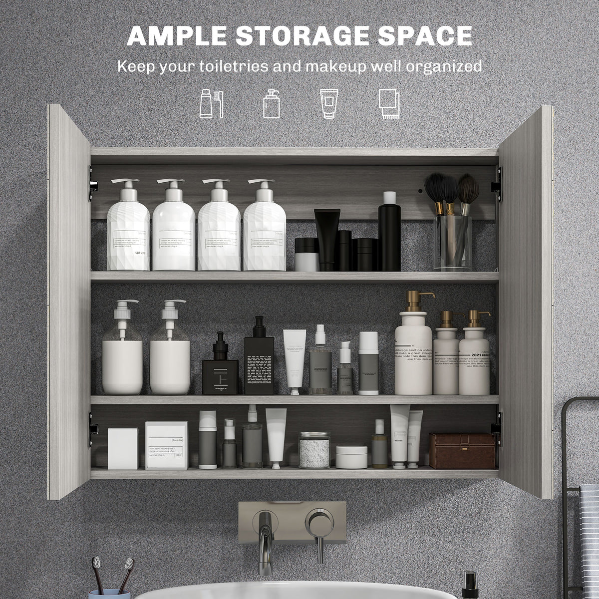Bathroom Mirror Cabinet, Wall-Mounted Storage Organizer with Double Doors, Adjustable Shelf, White – view 10