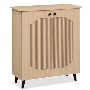 Geometric Cabinet 2‑Door PU‑like Freestanding Footwear Storage with Carved Panels for Entryway Hallway Living Room-Natural