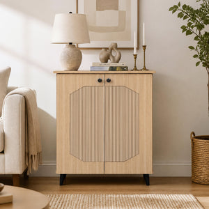 Geometric Cabinet 2‑Door PU‑like Freestanding Footwear Storage with Carved Panels for Entryway Hallway Living Room-Natural view 2
