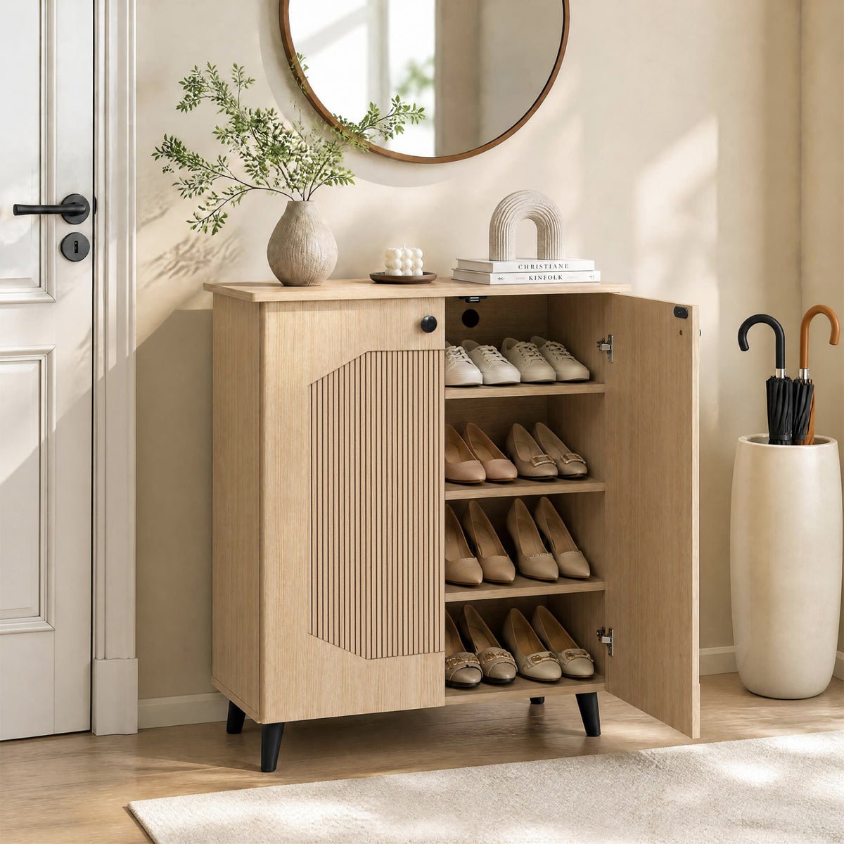 Geometric Cabinet 2‑Door PU‑like Freestanding Footwear Storage with Carved Panels for Entryway Hallway Living Room-Natural view 3