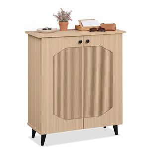 Geometric Cabinet 2‑Door PU‑like Freestanding Footwear Storage with Carved Panels for Entryway Hallway Living Room-Natural view 4