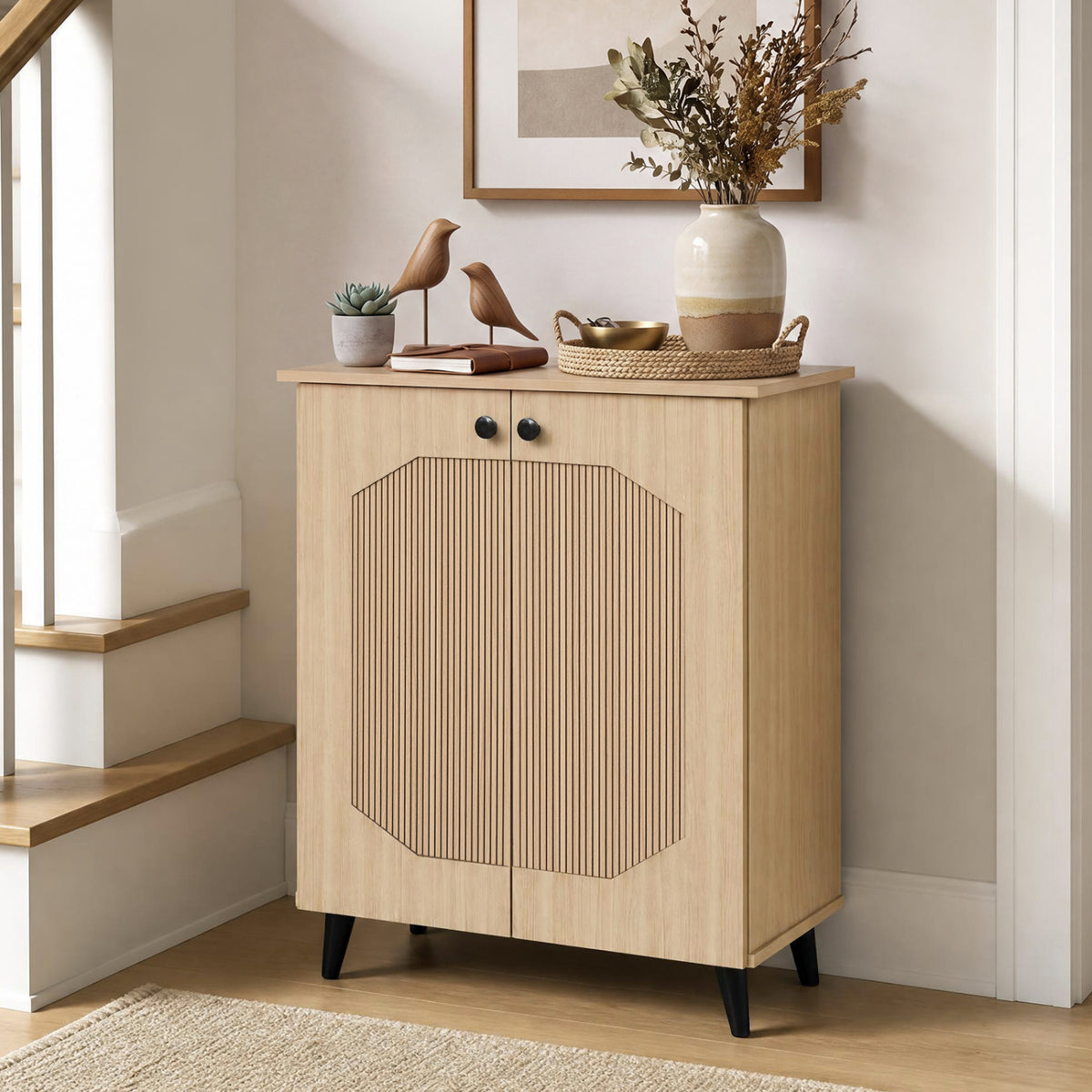 Geometric Cabinet 2‑Door PU‑like Freestanding Footwear Storage with Carved Panels for Entryway Hallway Living Room-Natural view 6