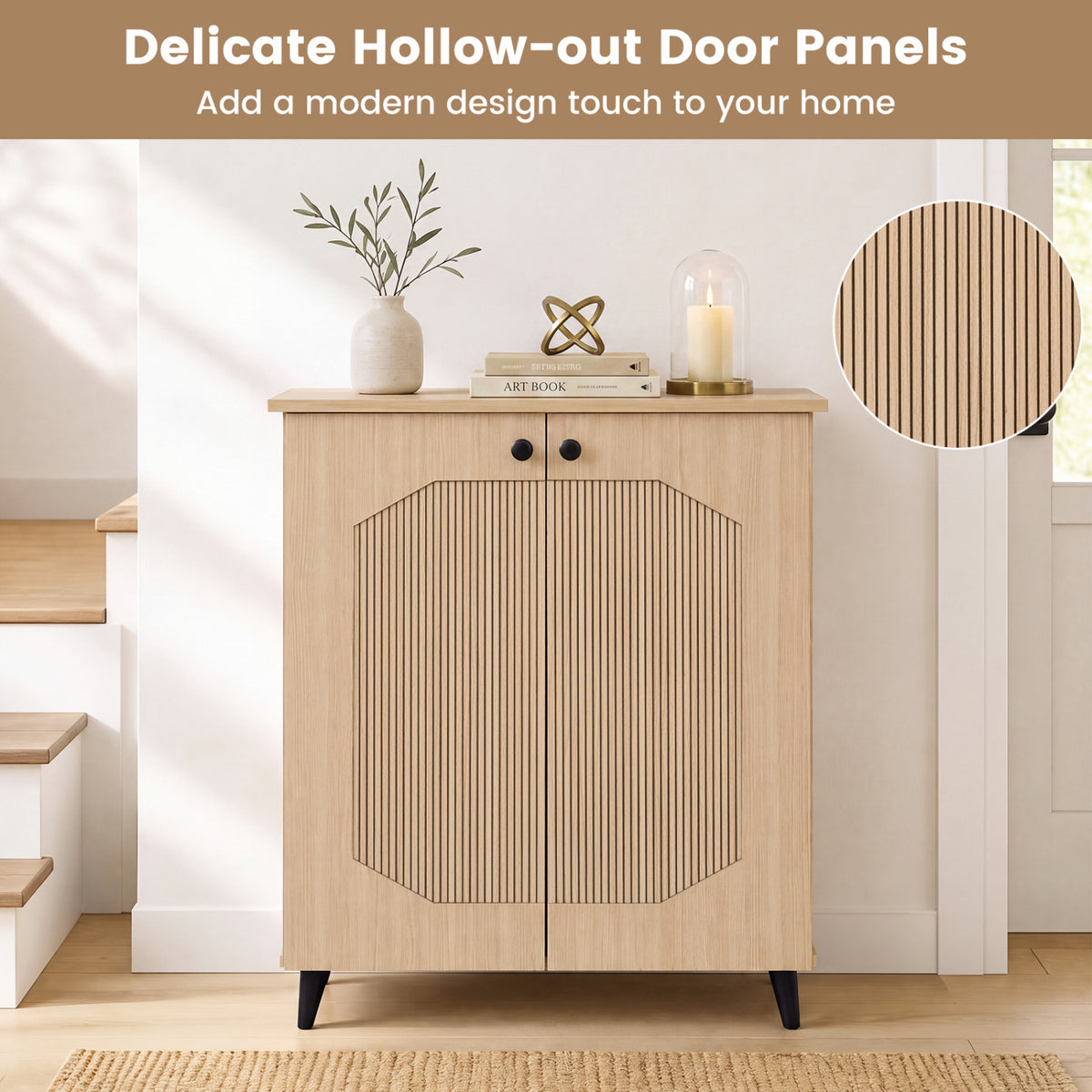 Geometric Cabinet 2‑Door PU‑like Freestanding Footwear Storage with Carved Panels for Entryway Hallway Living Room-Natural view 7