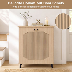 Geometric Cabinet 2‑Door PU‑like Freestanding Footwear Storage with Carved Panels for Entryway Hallway Living Room-Natural view 7
