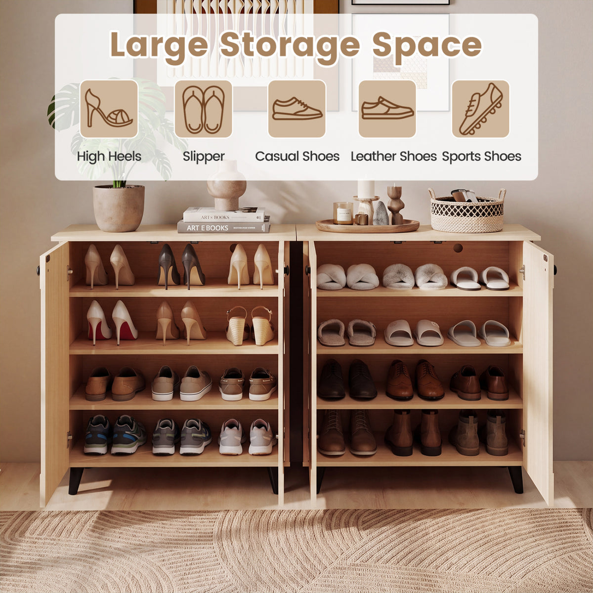 Geometric Cabinet 2‑Door PU‑like Freestanding Footwear Storage with Carved Panels for Entryway Hallway Living Room-Natural view 9