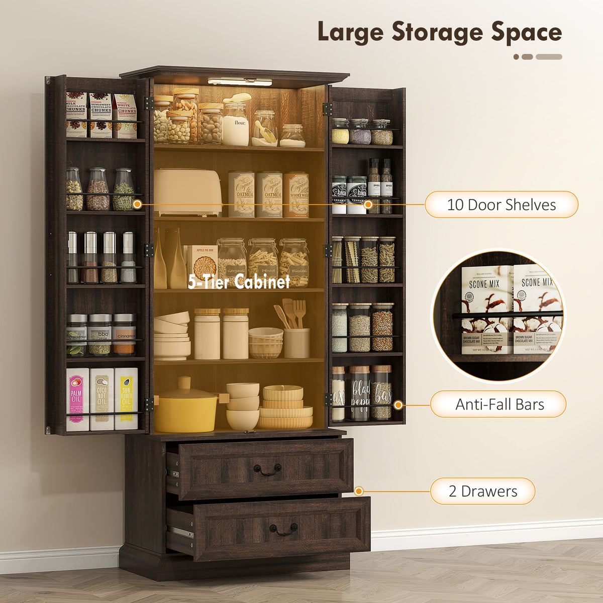 72" LED Kitchen Pantry Cabinet, Buffet Storage Cabinet with 10 Door Shelves – view 11