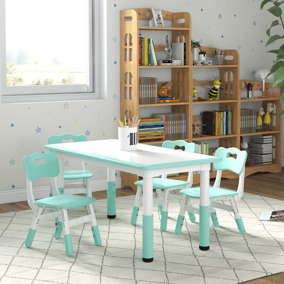 Qaba Kids Table and Chair Set with 4 Chairs, Adjustable Height, Easy to Clean, for 1.5 - 8 Years Old