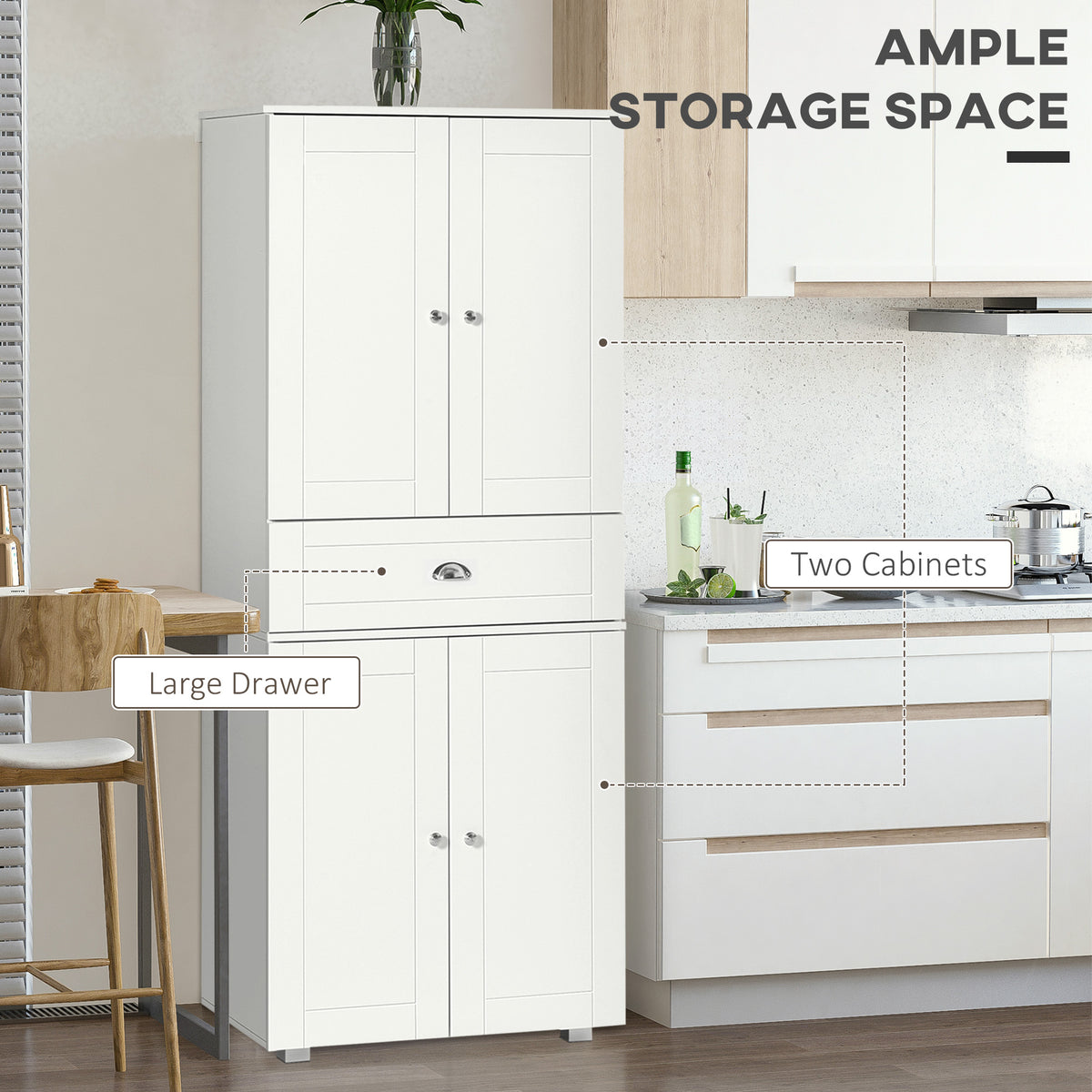 72" Kitchen Pantry Cabinet, Modern Kitchen Pantry Storage Cabinet with 4 Doors and 3 Adjustable Shelves, White