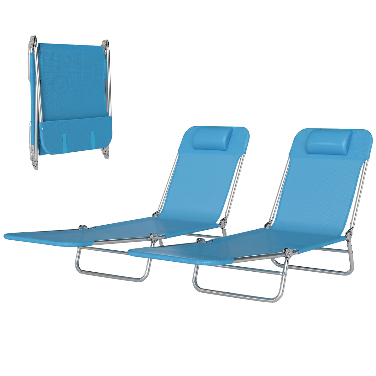 Set of 2 Folding Chaise Lounge Chairs, Outdoor Poolside Sun Tanning Chairs w/ Pillow, Reclining Backrest