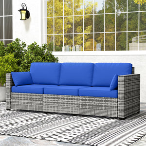 3-Seater Outdoor Sofa with Cushions, PE Rattan Conversation Patio Couch with Pillows for Garden, Poolside, Blue