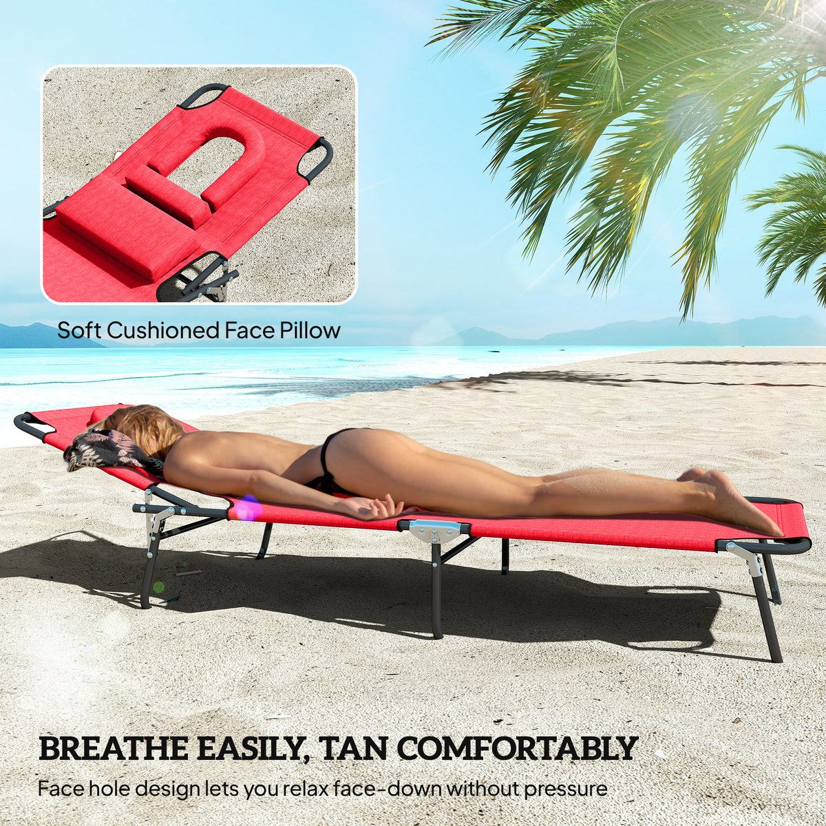 Folding Chaise Lounge Chair, Reclining Beach Tanning Chair with Face Hole, Pillow – view 14