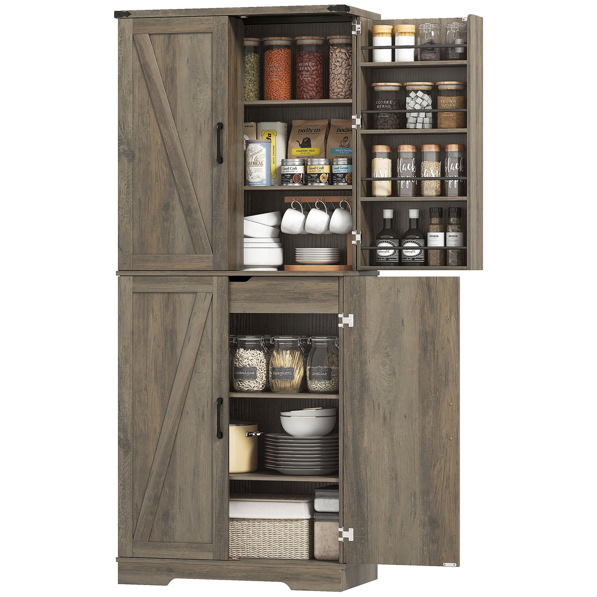 72" Kitchen Pantry Cabinet, Farmhouse Storage Cabinet with 4 Doors, Drawer – view 8