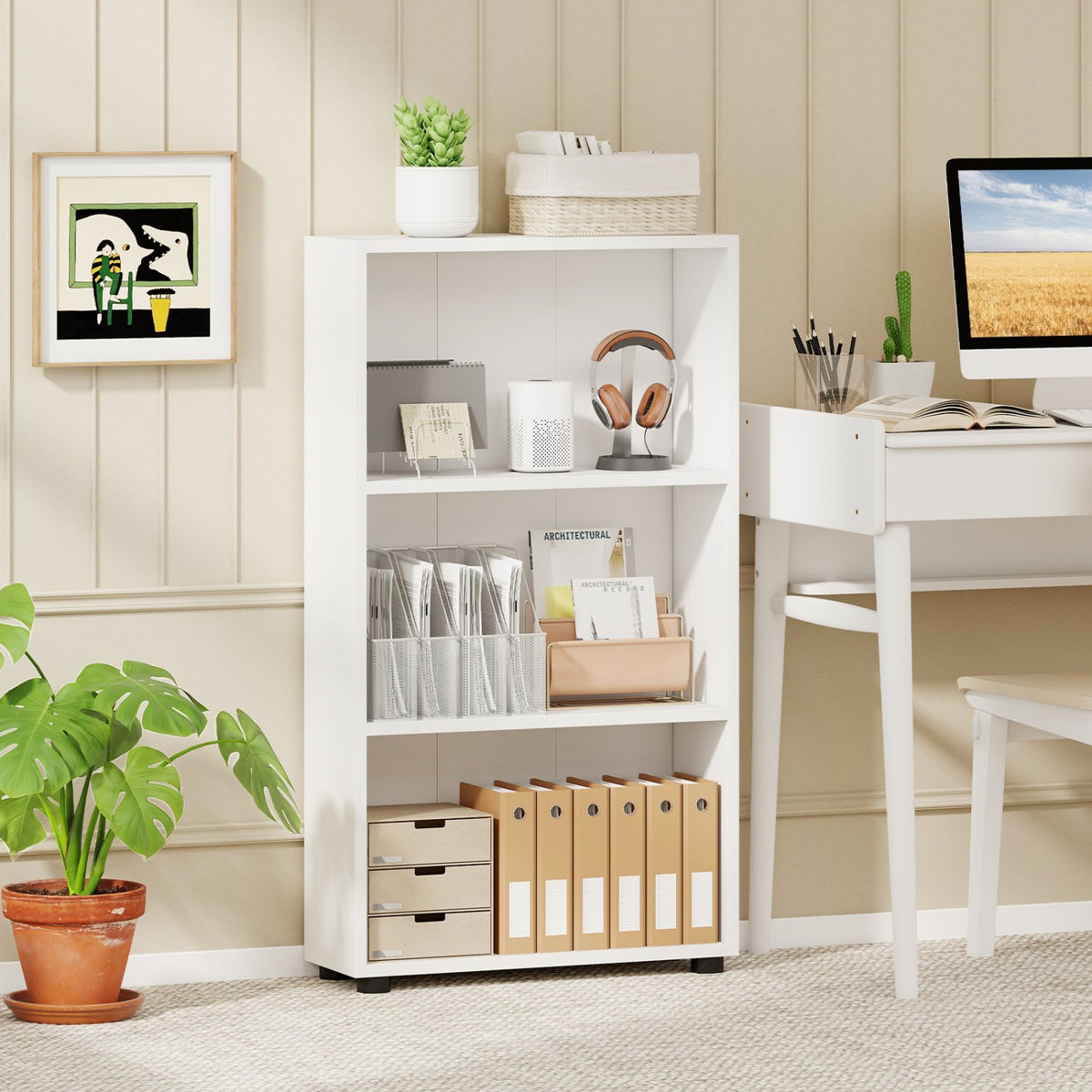 3-Tier Bookcase 42 inch Tall Book Shelf with Anti-Tipping Kit-White view 3