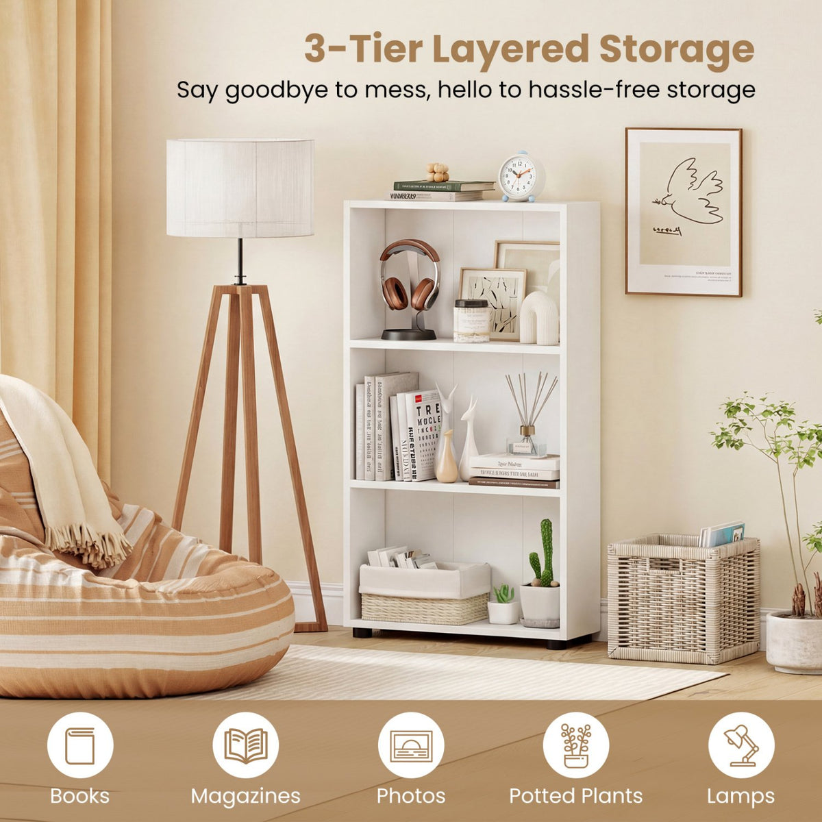 3-Tier Bookcase 42 inch Tall Book Shelf with Anti-Tipping Kit-White view 6