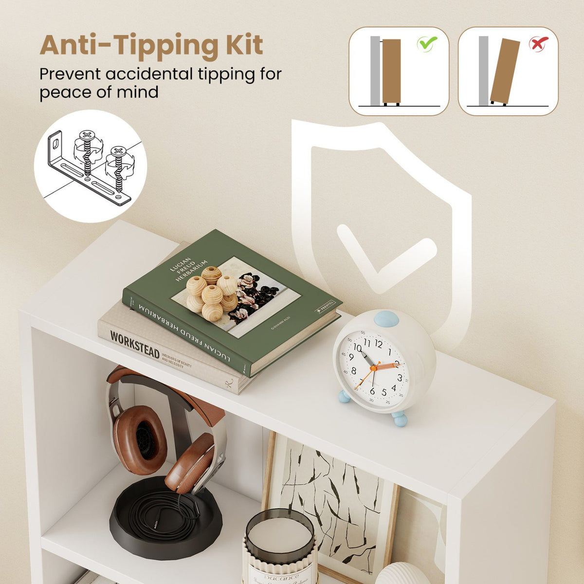 3-Tier Bookcase 42 inch Tall Book Shelf with Anti-Tipping Kit-White view 7