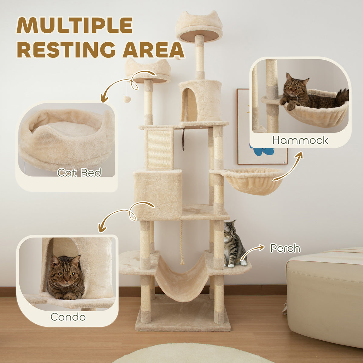 81" Large Cat Tree w/ Scratching Posts, Condos, Beds, Hammocks, Jumping Platforms, Toy Balls, Rope Cat Toy – view 3