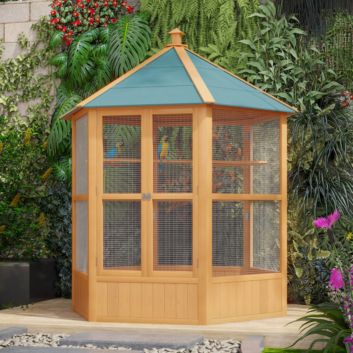 70"H Wooden Bird Cage Hexagonal Outdoor Aviary with Doors