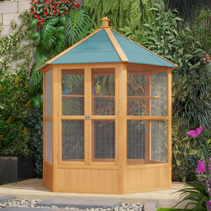 70"H Wooden Bird Cage Hexagonal Outdoor Aviary with Doors
