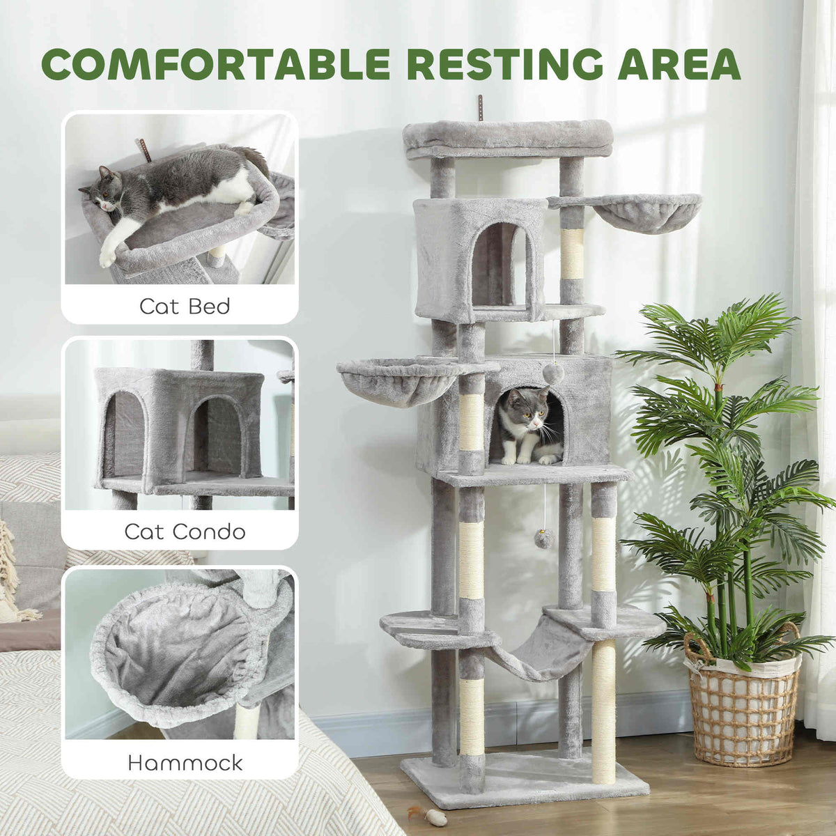 69" Cat Tree, Multi-Level Cat Tower with 2 Condos, Plush Perch and Sisal Scratching Posts, Dark Grey – view 11