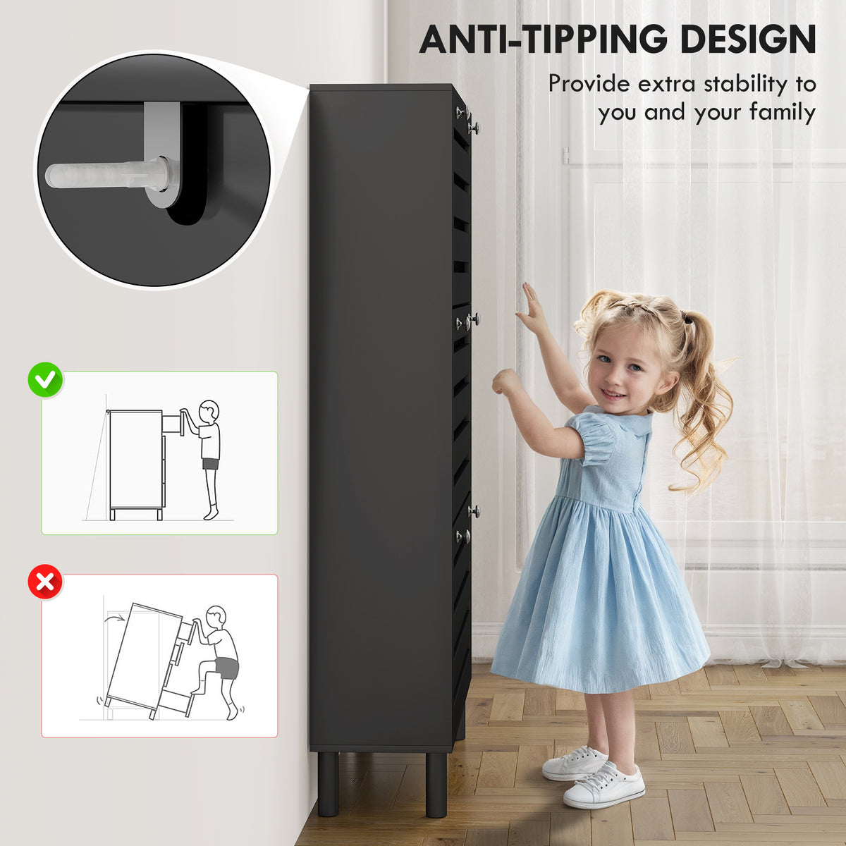 Narrow Shoe Storage Cabinet, 3 Flip Drawers, Adjustable Shelves, 18-24 Pairs Capacity, Black – view 6