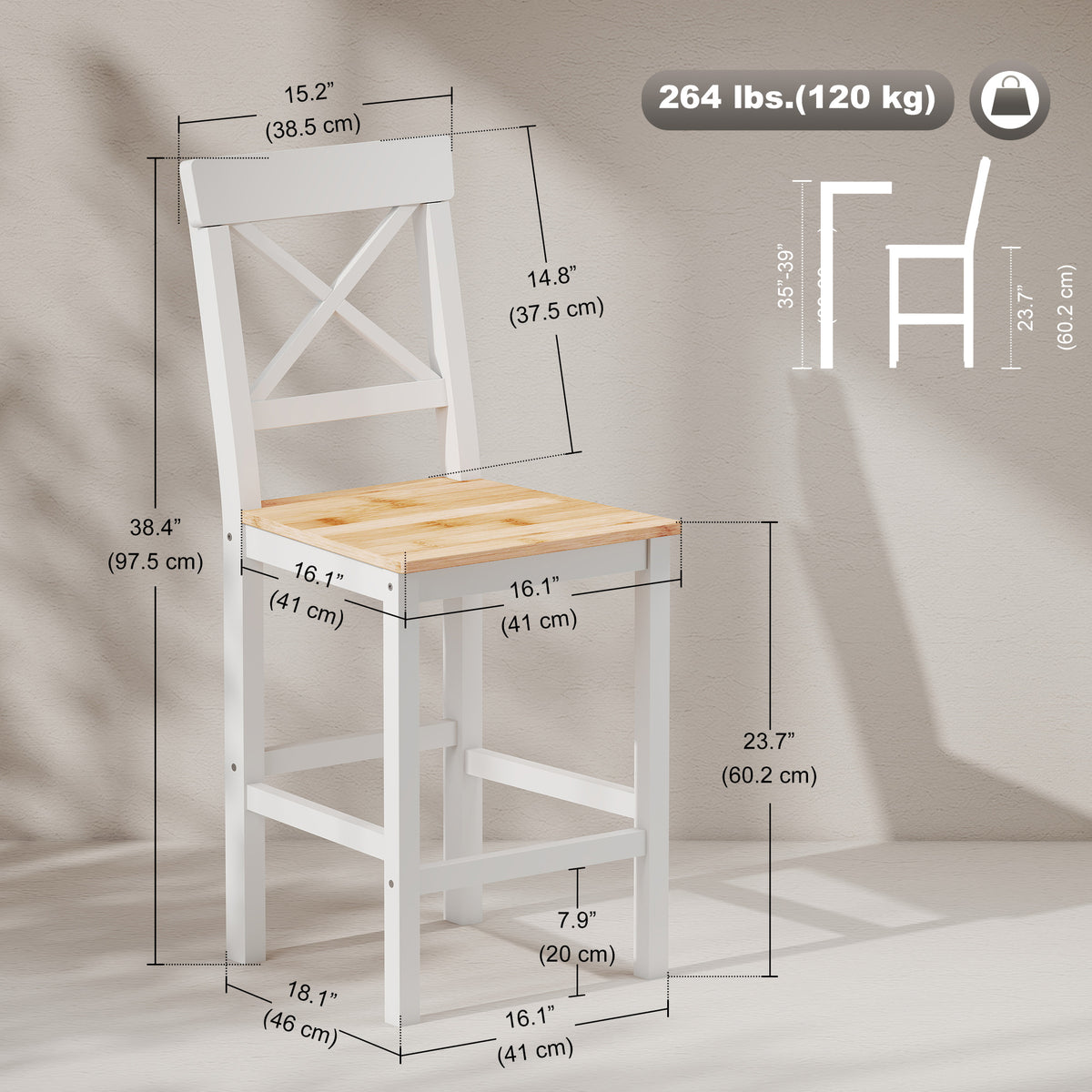 Counter Height Stools Set of 2, Farmhouse Bar Stools with Backs, Solid Wood Counter Stools for Kitchen Island