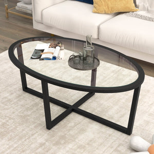 Glass Coffee Table Oval Living Room Table with Cross Base and Acacia Wood Legs-Black view 2