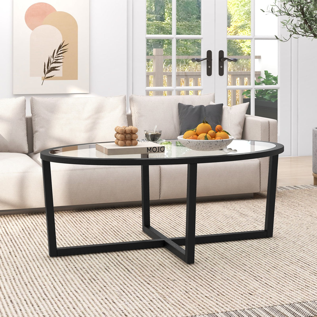 Glass Coffee Table Oval Living Room Table with Cross Base and Acacia Wood Legs-Black view 3