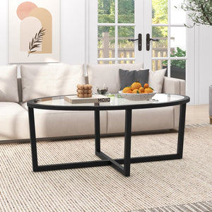 Glass Coffee Table Oval Living Room Table with Cross Base and Acacia Wood Legs-Black view 3