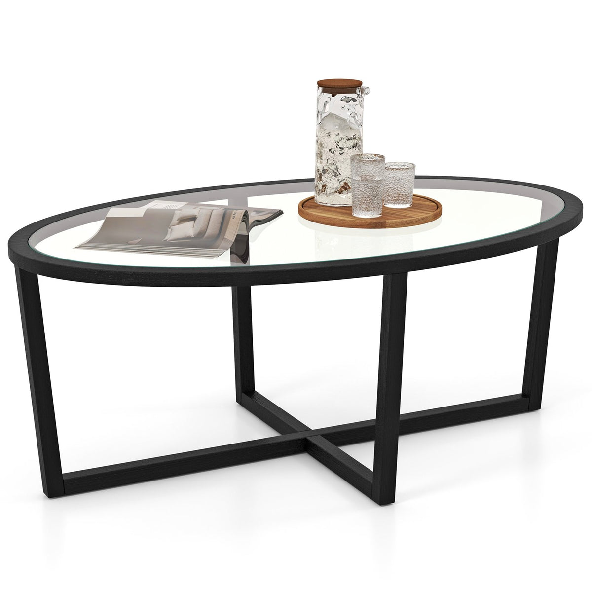 Glass Coffee Table Oval Living Room Table with Cross Base and Acacia Wood Legs-Black view 4