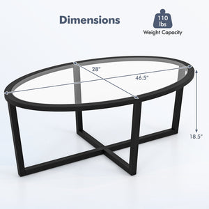 Glass Coffee Table Oval Living Room Table with Cross Base and Acacia Wood Legs-Black view 5