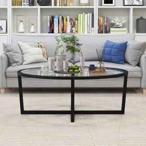 Glass Coffee Table Oval Living Room Table with Cross Base and Acacia Wood Legs-Black view 6