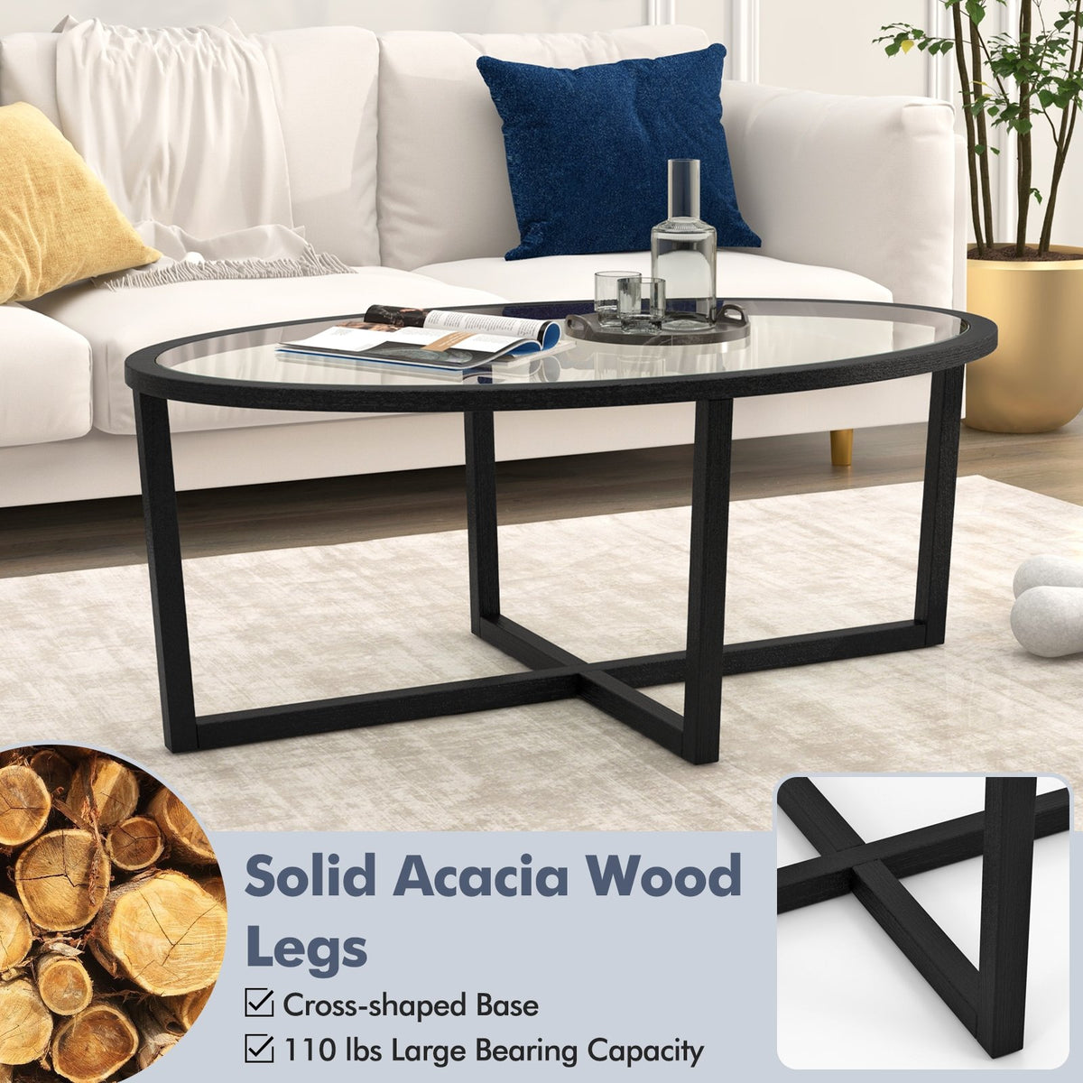 Glass Coffee Table Oval Living Room Table with Cross Base and Acacia Wood Legs-Black view 7
