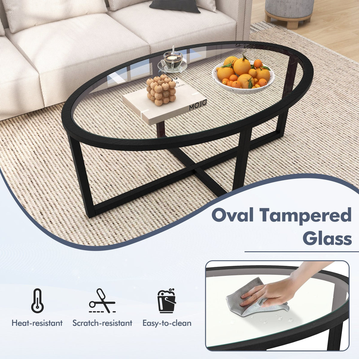 Glass Coffee Table Oval Living Room Table with Cross Base and Acacia Wood Legs-Black view 8