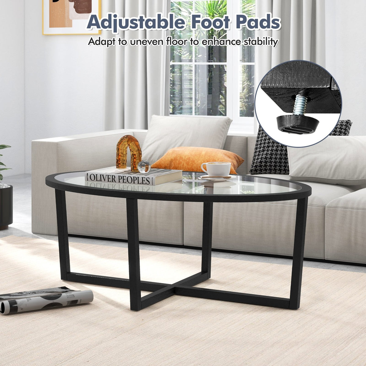 Glass Coffee Table Oval Living Room Table with Cross Base and Acacia Wood Legs-Black view 9
