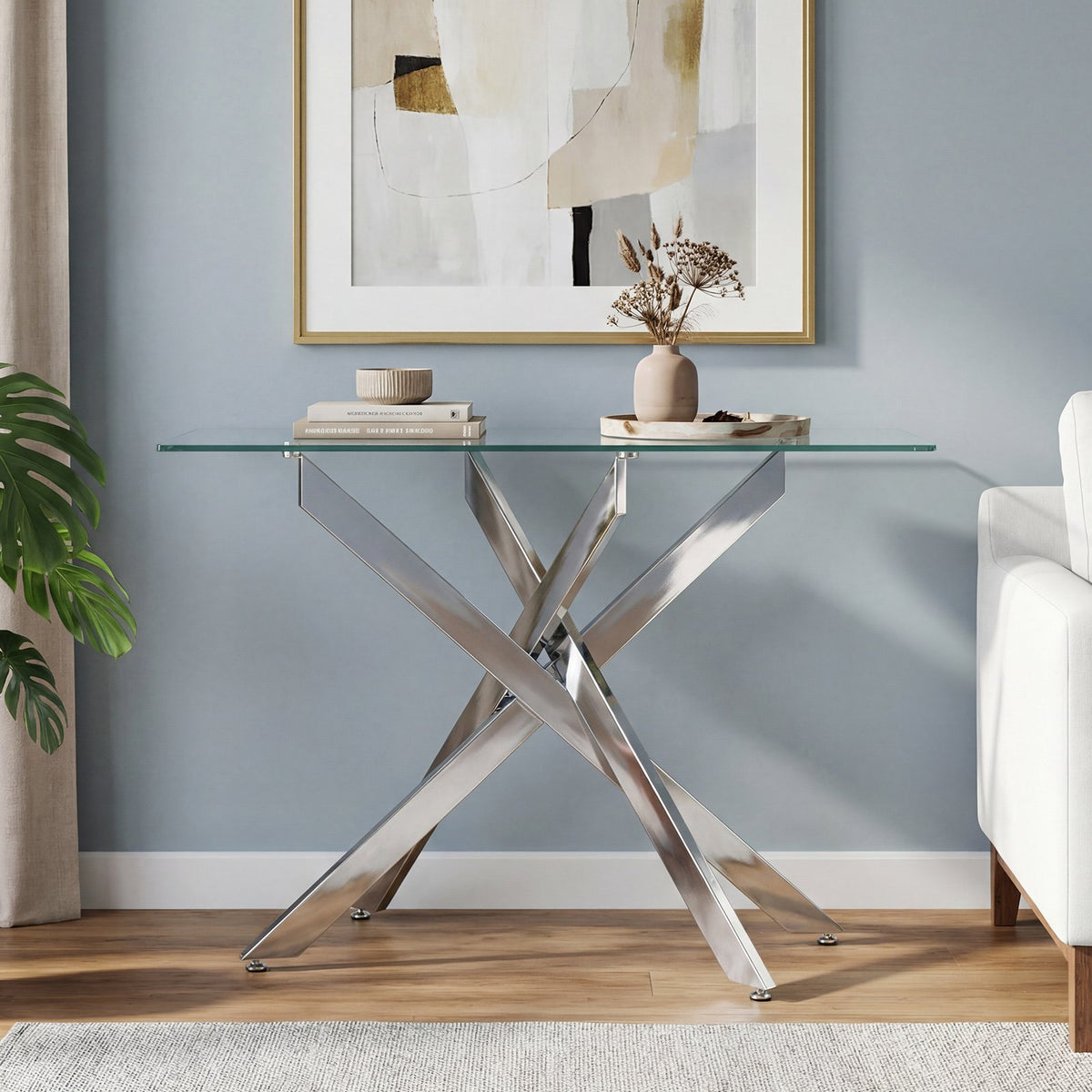 Glass Console Table Modern Entryway Table with Clear Tempered Glass Top-Silver view 2